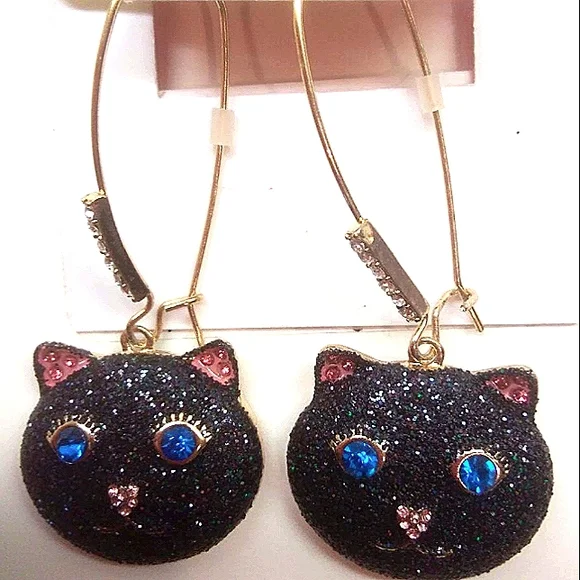 New! BETSEY JOHNSON Black Glitter Halloween Cat Long Drop Leverback Earrings. - Picture 6 of 9